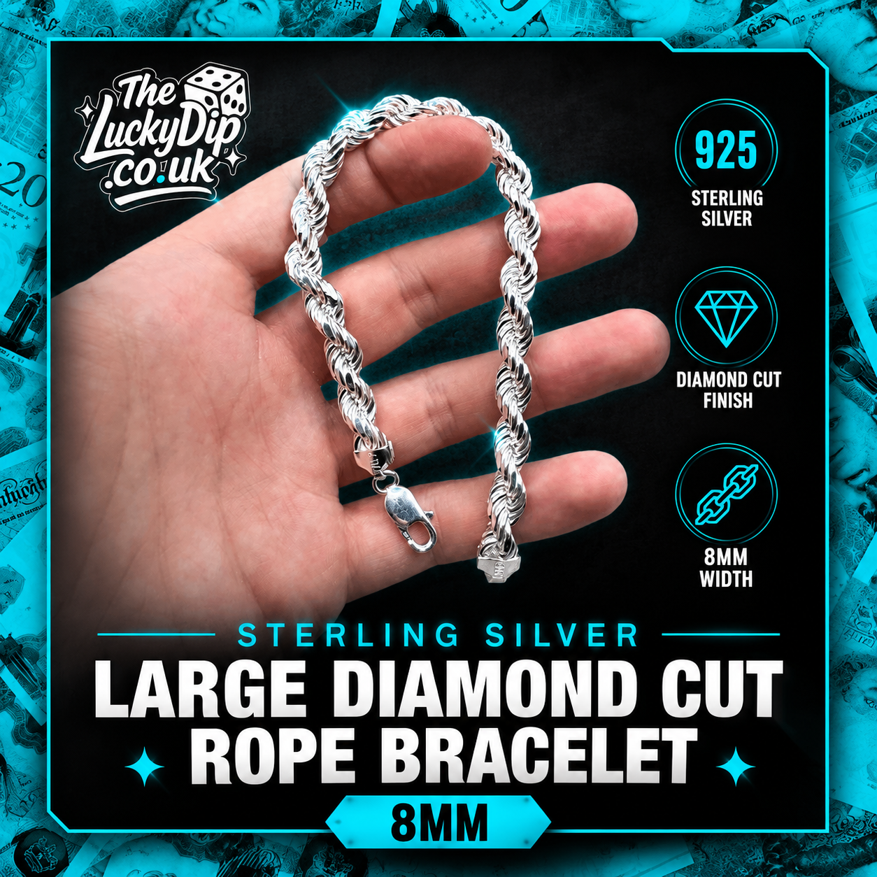 Win a Sterling Silver Large Diamond Cut Rope Bracelet 8mm! + Instant Wins!